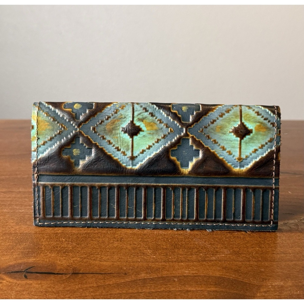 Genuine Embossed Leather Checkbook Wallet Navajo Western Tan Turquoise Long
